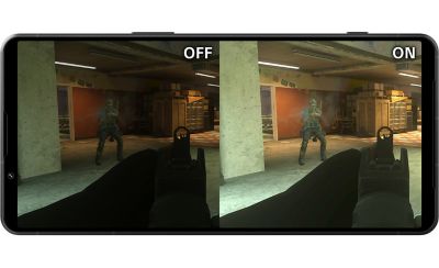 A split screen of the Xperia 1 VI showing the same image with and without the low gamma raiser.