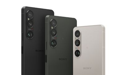Three Xperia 1 VI phones in different colours, including Black, Khaki Green and Platinum Silver.