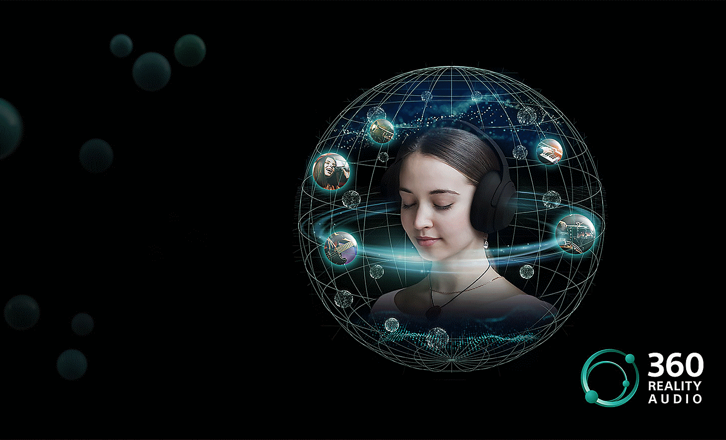 Image of a woman wearing headphones in a globe-shaped net surrounded by images in bubbles and a 360 Reality Audio logo