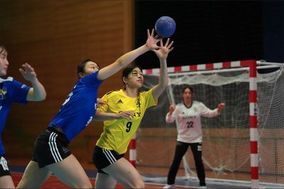 Imagen de ejemplo de dos jugadores de handball compitiendo para atrapar el balón.
