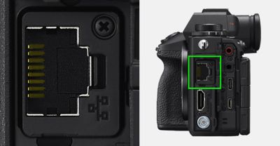 Ilustración del terminal LAN en el lado izquierdo de la cámara