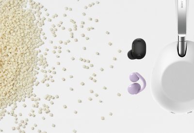 Sony eco headphones hero image featuring 1000X THE COLLEXION, WF-1000XM6, and LinkBuds Clip alongside sustainable raw materials
