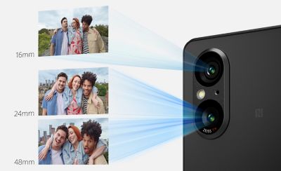 Záber zadného fotoaparátu smartfónu Xperia 5 V zblízka, zobrazujú sa tri rozličné obrázky vytvorené pomocou 16 mm, 24 mm a 48 mm objektívu fotoaparátu
