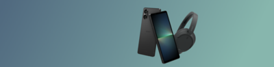 Zwarte Xperia 5 V tegen een achtergrond met een groen-blauw kleurverloop in combinatie met een WH-CH720N  koptelefoon