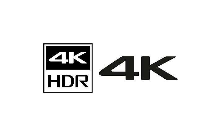 Juodos 4K HDR ir 4K piktogramos baltame fone.