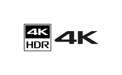 סמלים שחורים של 4K HDR ו-4K על רקע בצבע לבן.