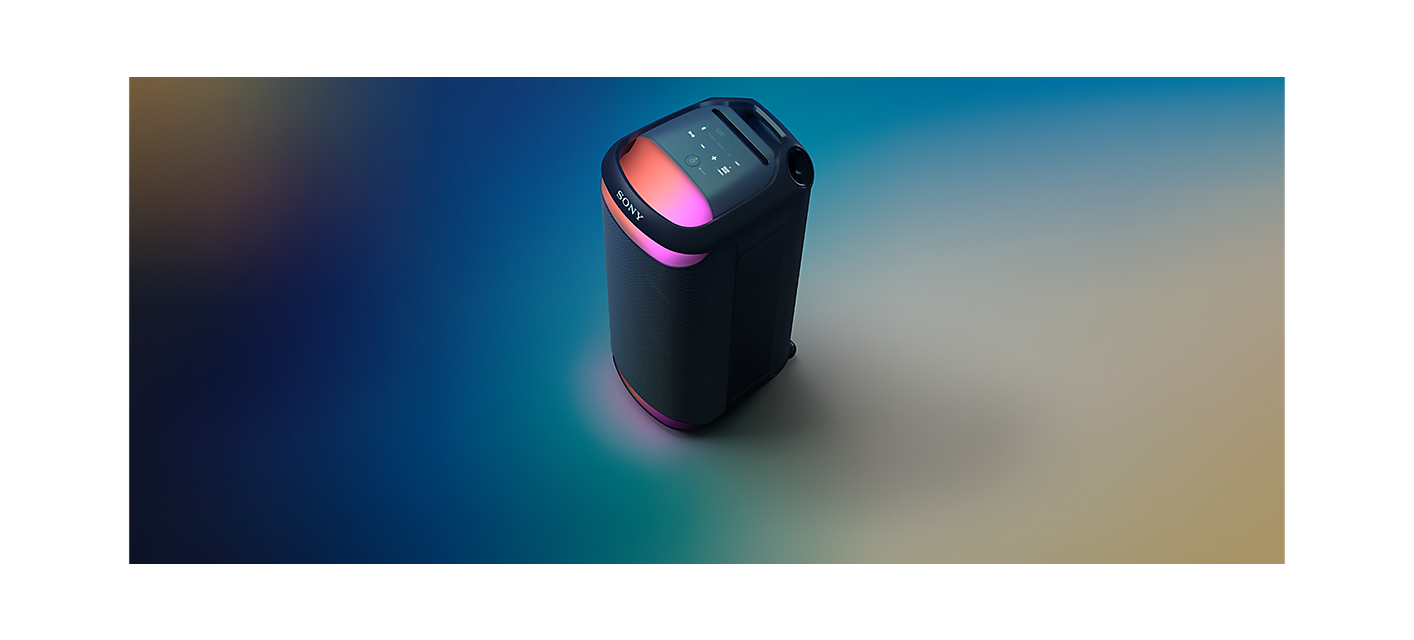 Image of the SRS-XV800 Wireless Party Speaker with orange and pink ambient lighting on a blue-to-gray gradient background