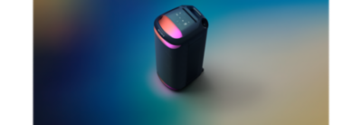 Zdjęcie bezprzewodowego głośnika imprezowego SRS-XV800 z pomarańczowym i różowym oświetleniem zewnętrznym i gradientowym tłem z przejściem od niebieskiego do szarości