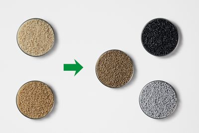Comparison of unpigmented pellets (left) and pigmented pellets (right) used in Sony's recycled ABS plastic process