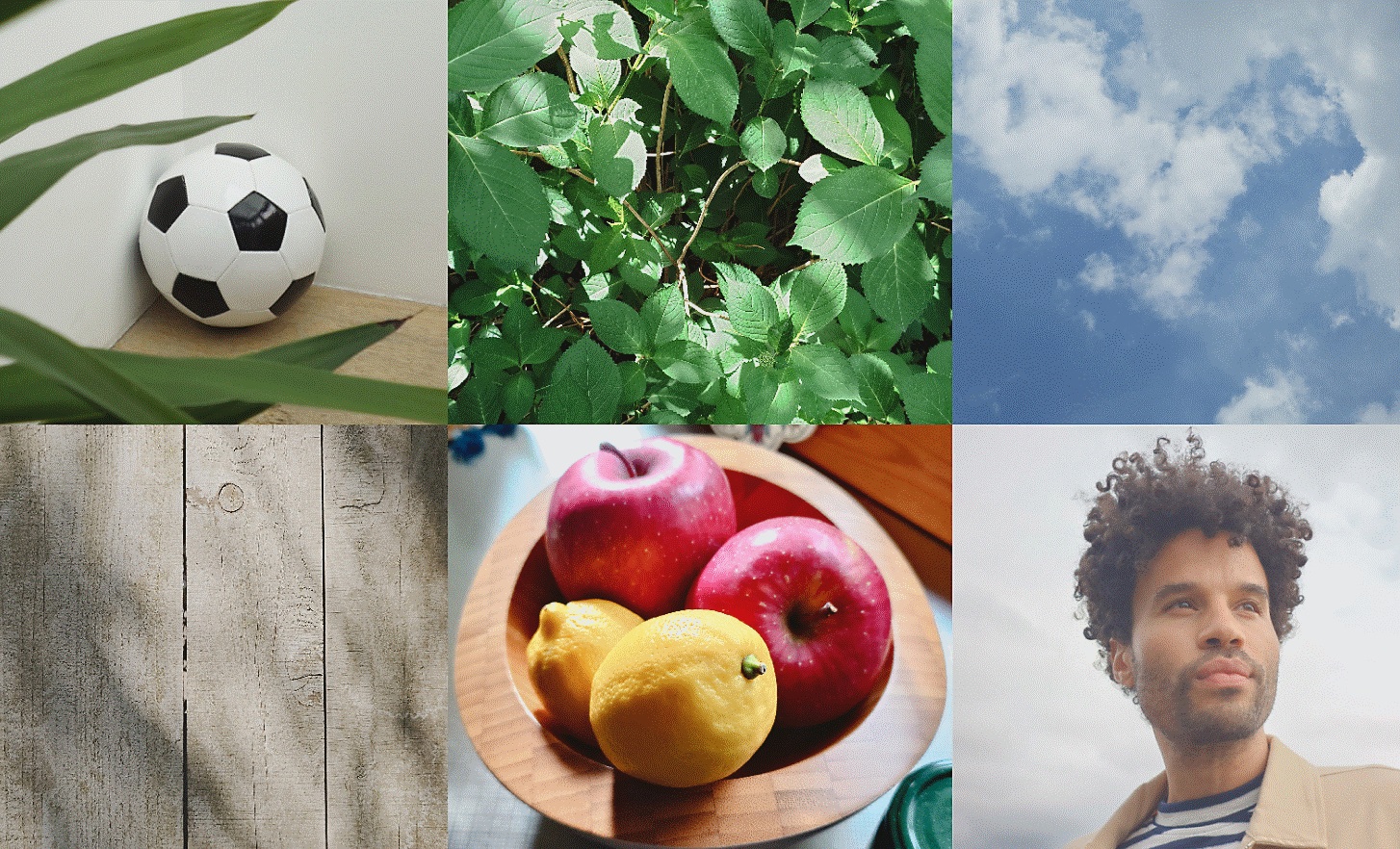 Six way split image showing a football, some plants, the sky, some wooden planks, a bowl of fruit, and a person 