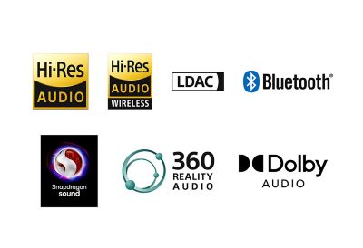 grupo de 7 logotipos uno al lado del otro de izquierda a derecha: audio de alta resolución (Hi-res audio), audio de alta resolución inalámbrico (Hi-res audio wireless), LDAC, Bluetooth, Snapdragon Sound, 360 Reality Audio y Dolby Audio