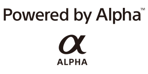 Логотип «Powered by Alpha» написан черным цветом с символом Alpha ниже на белом фоне.