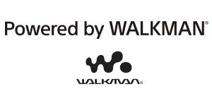 Логотип «Powered by WALKMAN» написан черным цветом, а ниже на белом фоне находится логотип WALKMAN.