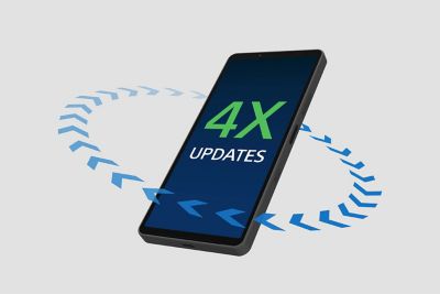 A phone with arrows rotating around its circumference with a large 4x updates message on screen