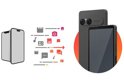 A montage of an old phone showing contents travelling across to the new phone.