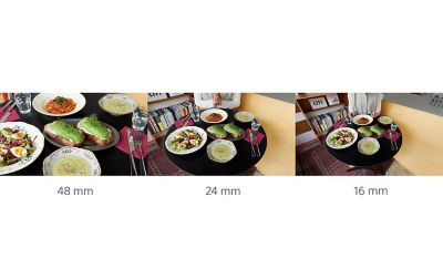 รูปภาพอาหารที่เหมือนกัน 3 รูปอยู่บนโต๊ะ โดยแสดงให้เห็นว่าภาพแรกถ่ายในระยะใกล้ ภาพที่สองซูมออกจนเห็นโต๊ะ และภาพที่สามถ่ายจากระยะไกลจนสามารถเห็นฉากหลังของห้อง