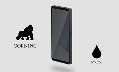 Смартфон Xperia 10 VII на абстрактном фоне рядом с логотипом Corning®.