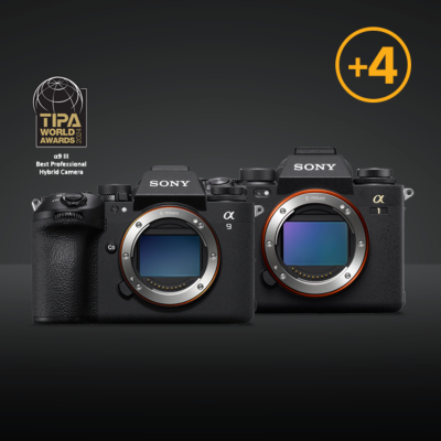 the Sony ALPHA 1 and ALPHA 9 cameras on a dark background