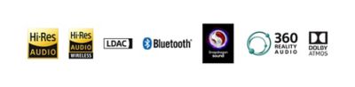 Hi-Res, Hi-Res Audio, LDAC, Bluetooth, Snapdragon, 360 Reality Audio, Dolby logos