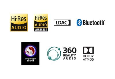 Hi-Res, Hi-Res Audio, LDAC, Bluetooth, Snapdragon, 360 Reality Audio, Dolby logos