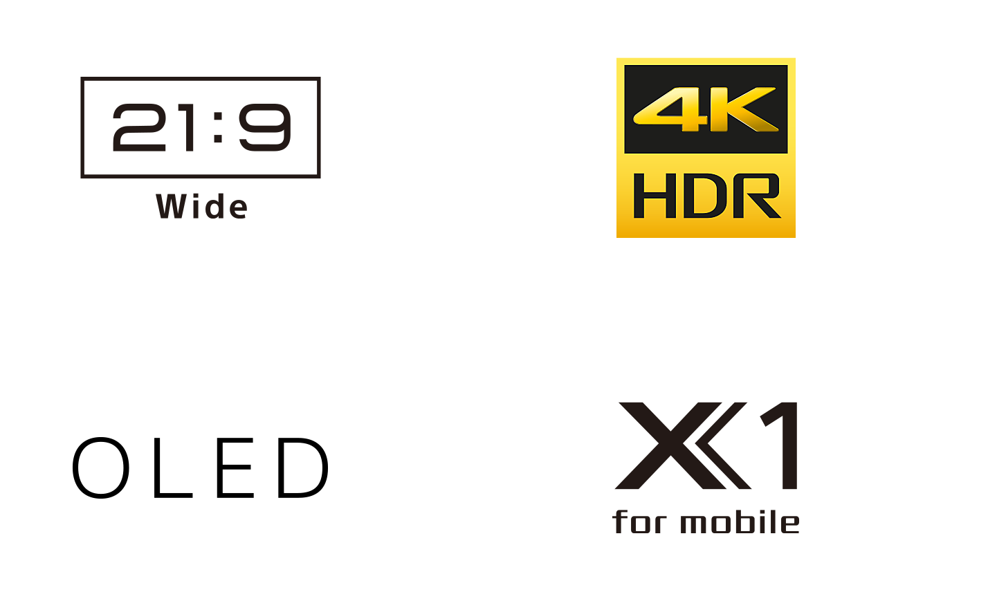Logo's van een 21:9 4K HDR OLED-breedbeeldscherm en de X1 voor mobiel