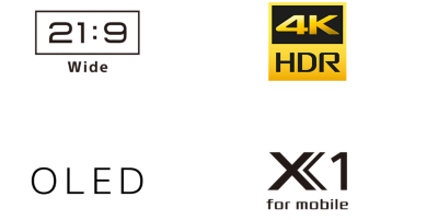 Logos for 21:9 Wide, 4K HDR, OLED, and X1 for mobile