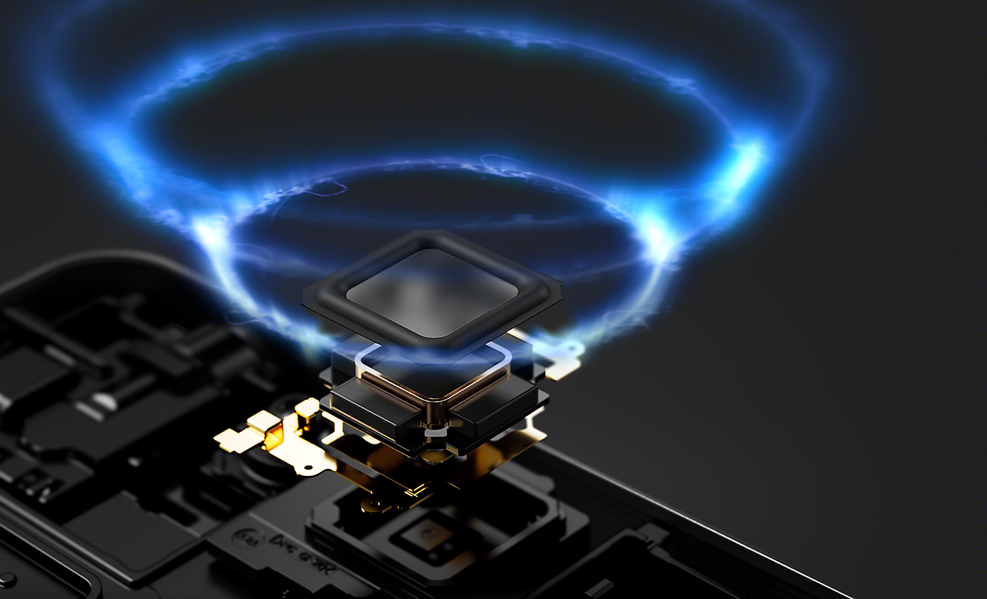 Image of the speaker amplifier within the Xperia 1 V emitting illustrated blue sound waves