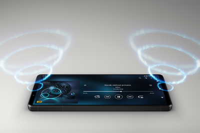 圖中 Xperia 1 V 播放著音樂，左右都有同心圓指出揚聲器位置