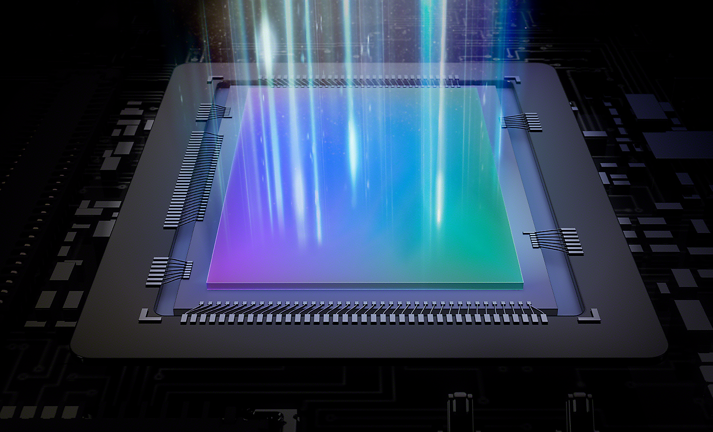 Close-up of a camera image sensor on a circuit board, capturing beams of light