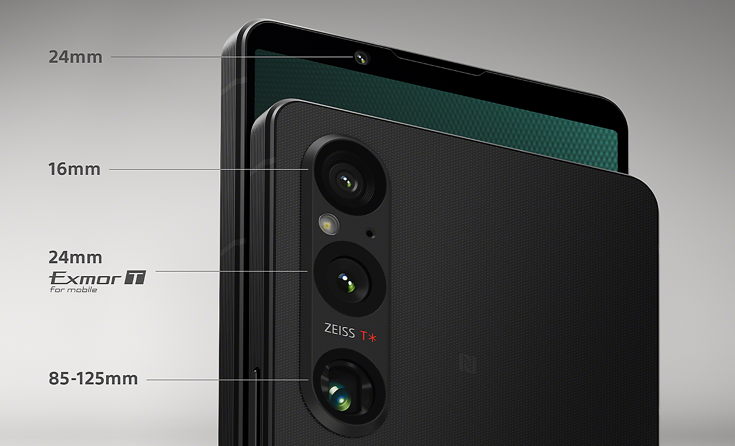 Obrázok dvoch smartfónov Xperia 1 V so štítkami označujúcimi 24 mm predný fotoaparát a tri zadné objektívy – 16 mm, 24 mm so snímačom Exmor T pre mobilné zariadenia a 85 – 125 mm