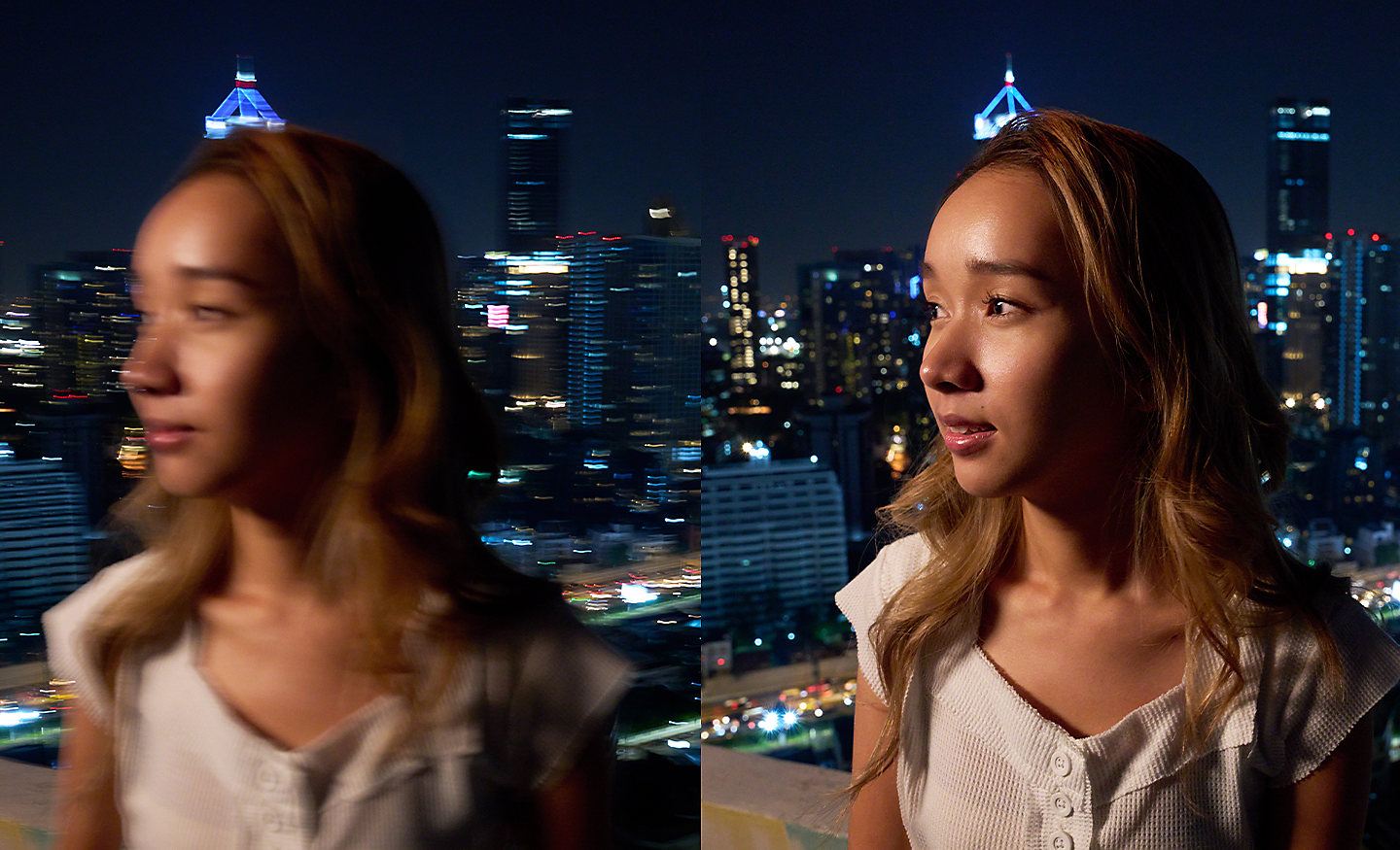 Side-by-side images of a young woman at night – the left-hand image is blurred, the right-hand image is sharp