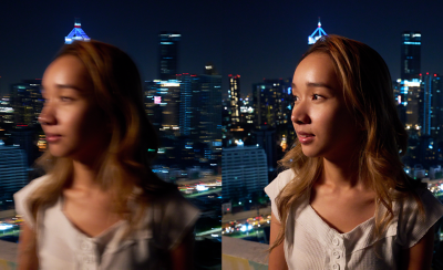 Imagens lado a lado de uma jovem à noite – a imagem da esquerda está desfocada, a imagem da direita é nítida