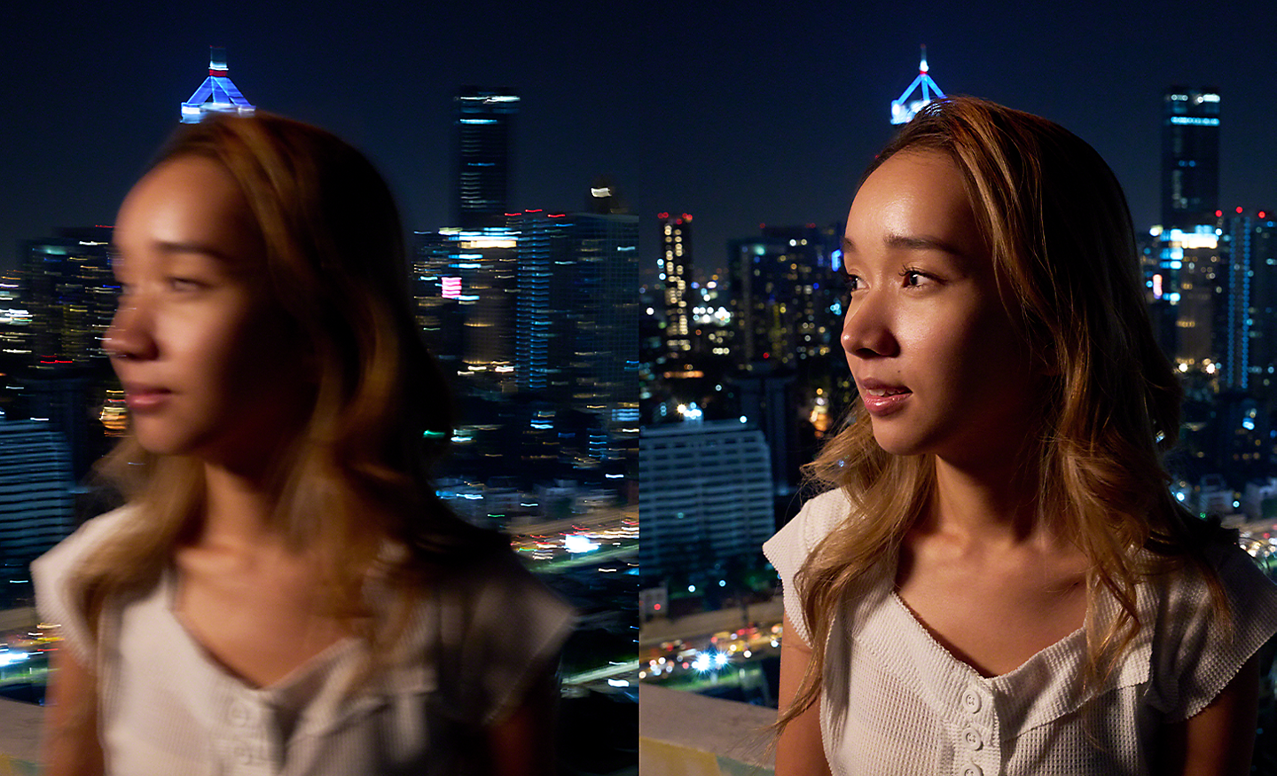 Side-by-side images of a young woman at night – the left-hand image is blurred, the right-hand image is sharp