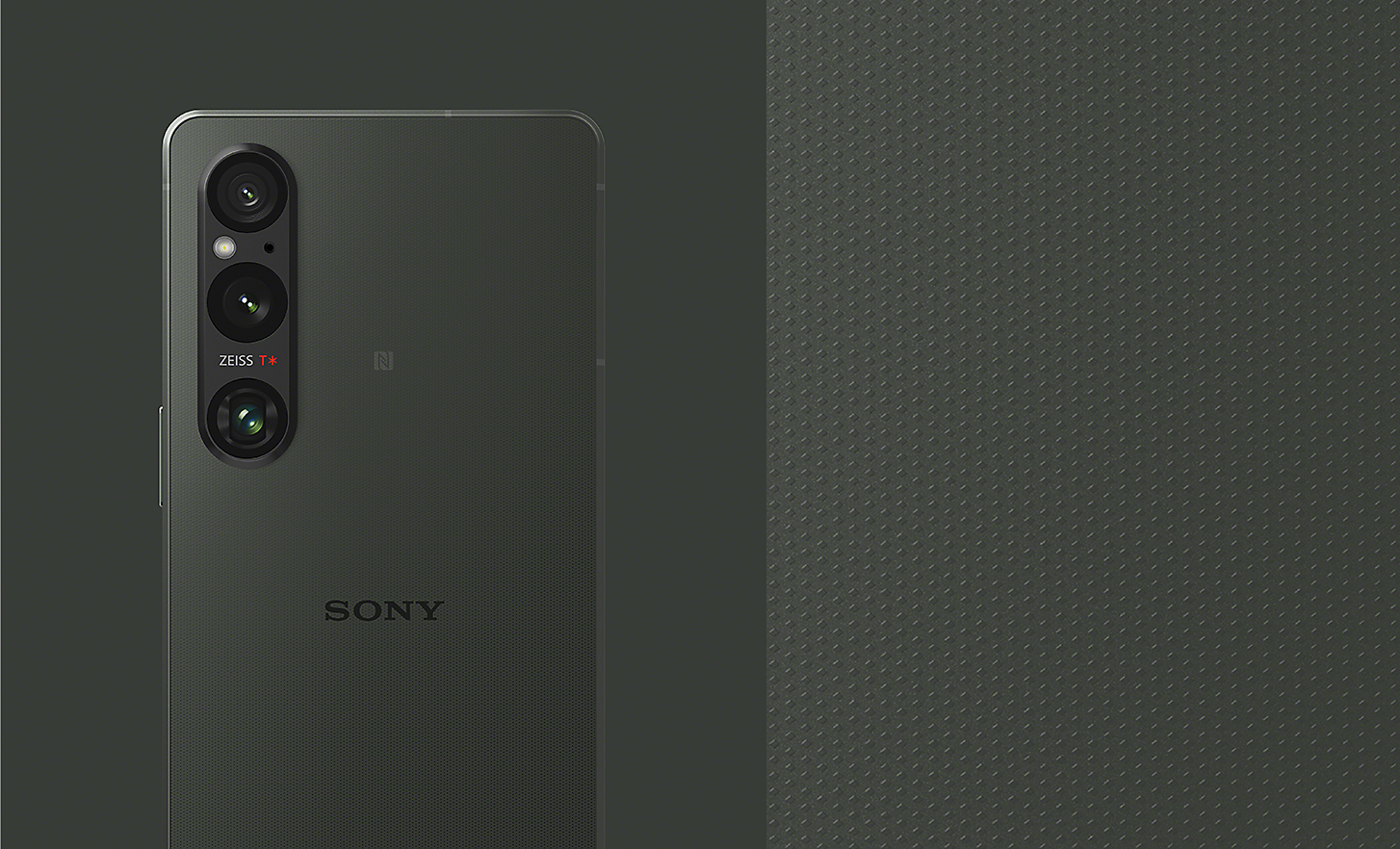 Rear-facing Xperia 1 V in Khaki Green alongside an extreme close-up showing its textured finish