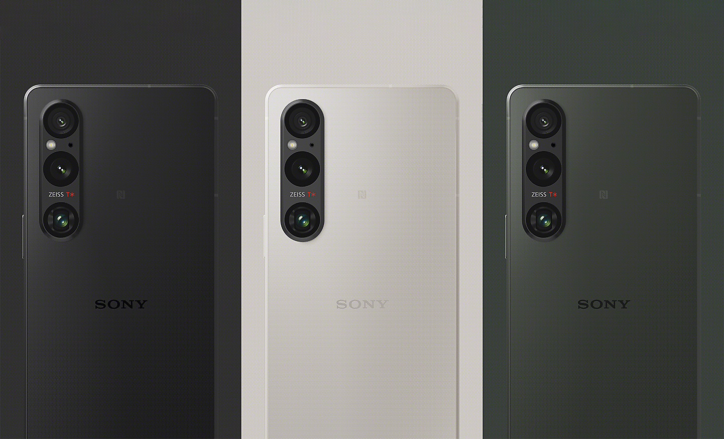 Line-up of three rear-facing Xperia 1 V smartphones in Black, Platinum Silver and Khaki Green