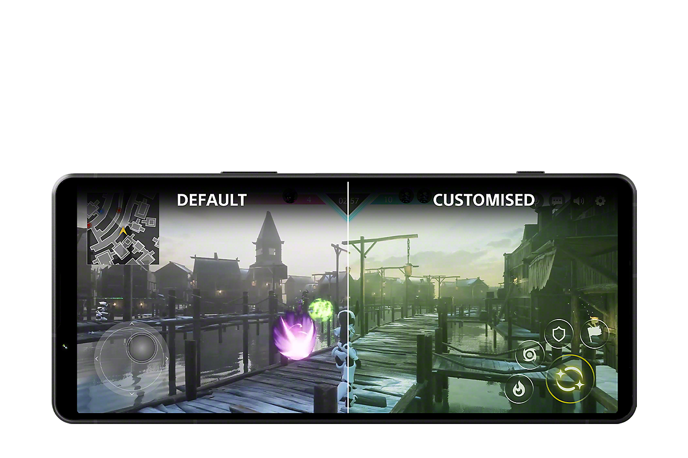 Xperia 1 V som visar en bild i ett spel – till vänster visas standardinställningen för vitbalans, till höger visas anpassad vitbalans