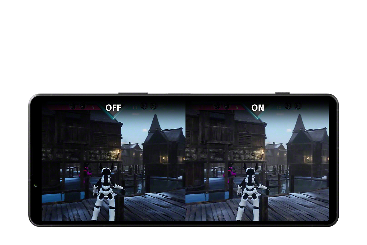 Xperia 1 V, na displeji sa zobrazuje záber z hry – vľavo sa zobrazuje vypnutý zvyšovač nízkej gamy, vpravo sa zobrazuje zapnutý