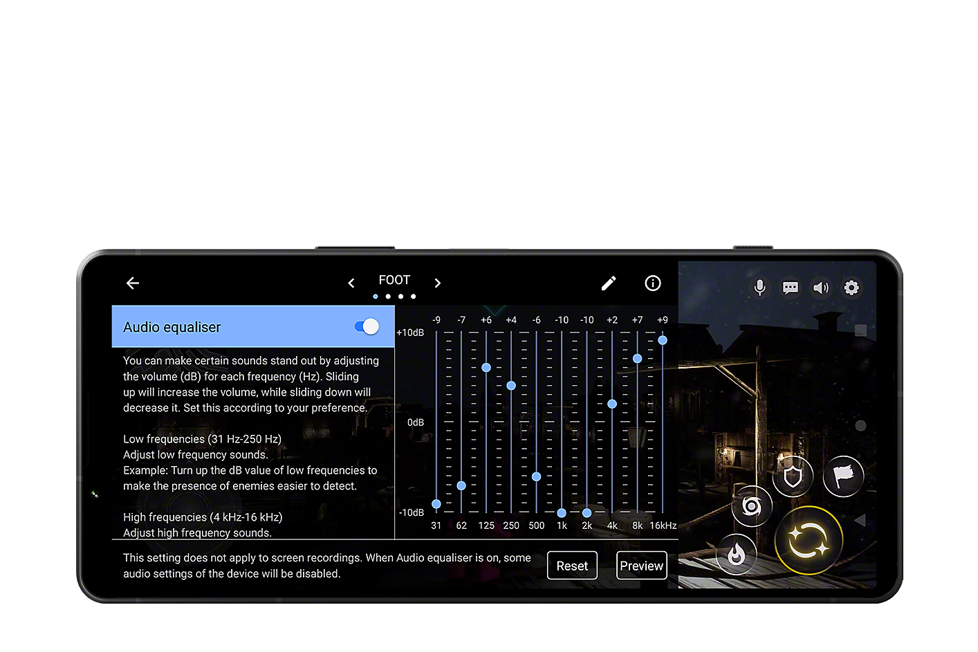 Xperia 1 V zobrazuje obrazovku s hrou a používateľským rozhraním zvukového ekvalizéra