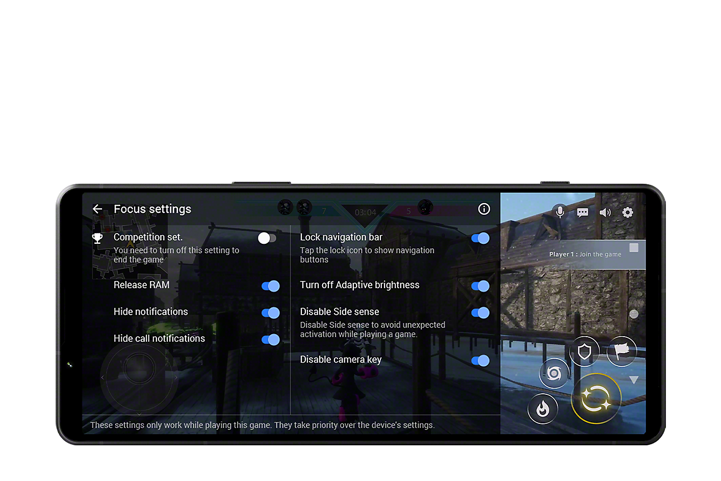 Xperia 1 V showing a gaming screen with the focus settings interface