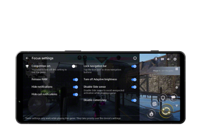 Xperia 1 V показывает игровой экран с интерфейсом настройки фокуса