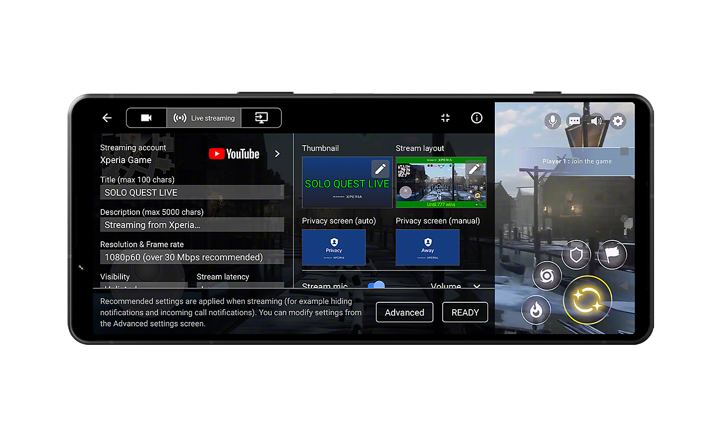 Hra na obrazovke smartfónu Xperia 1 V, zobrazuje sa používateľské rozhranie streamovania