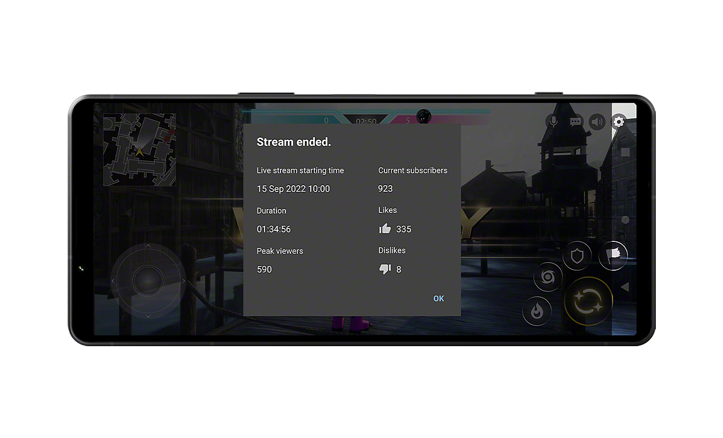 Hra na obrazovke smartfónu Xperia 1 V, zobrazuje sa štatistika streamovania