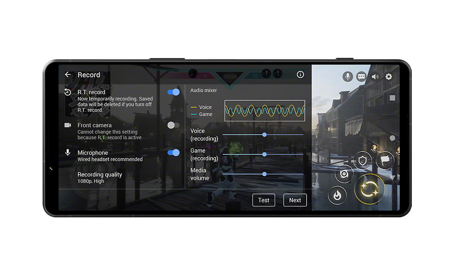 Hra na obrazovke smartfónu Xperia 1 V, zobrazuje sa používateľské rozhranie zmiešavača zvuku