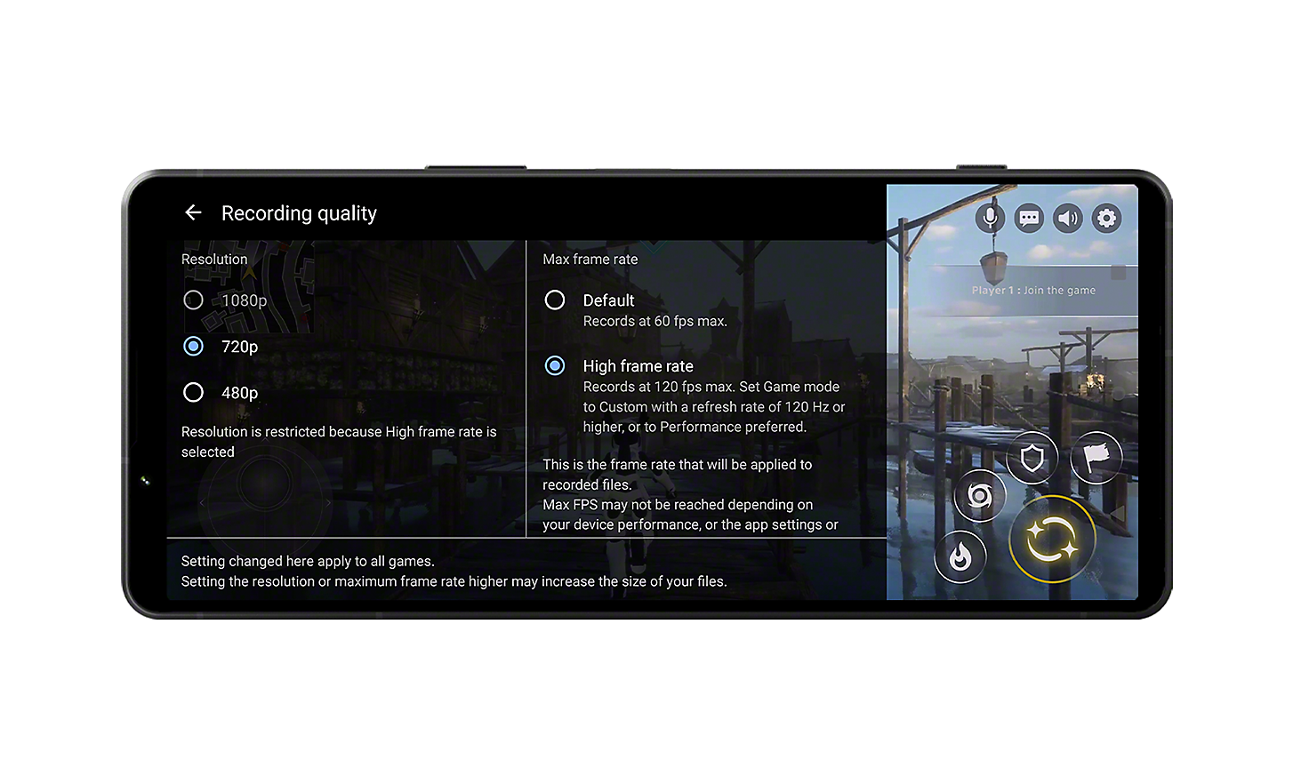 Hra na obrazovke smartfónu Xperia 1 V, zobrazuje sa používateľské rozhranie nastavenia kvality záznamu