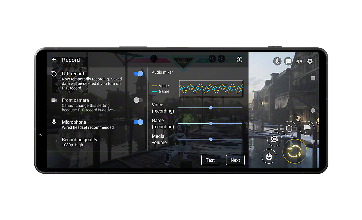 Hra na obrazovke smartfónu Xperia 1 V, zobrazuje sa používateľské rozhranie nahrávania hry