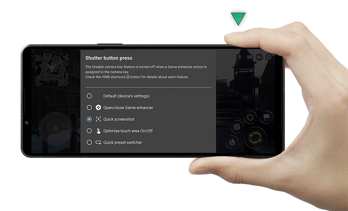 Záber zblízka niekoho, kto stláča tlačidlo spúšte smartfónu Xperia 1 V, aby počas hry vytvoril rýchlu snímku obrazovky