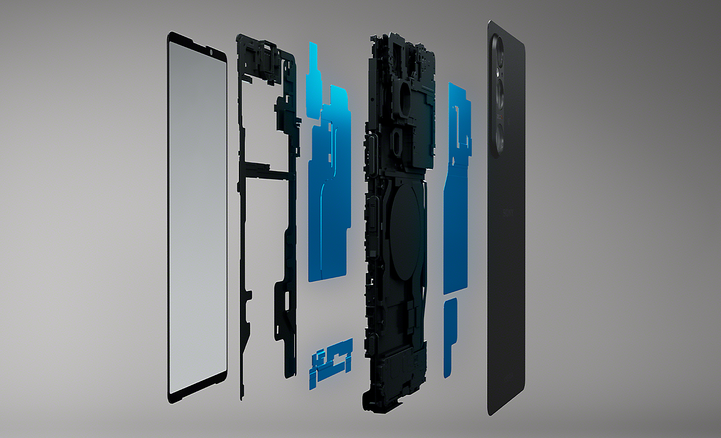 Exploded view showing the heat diffusion sheet within the Xperia 1 V