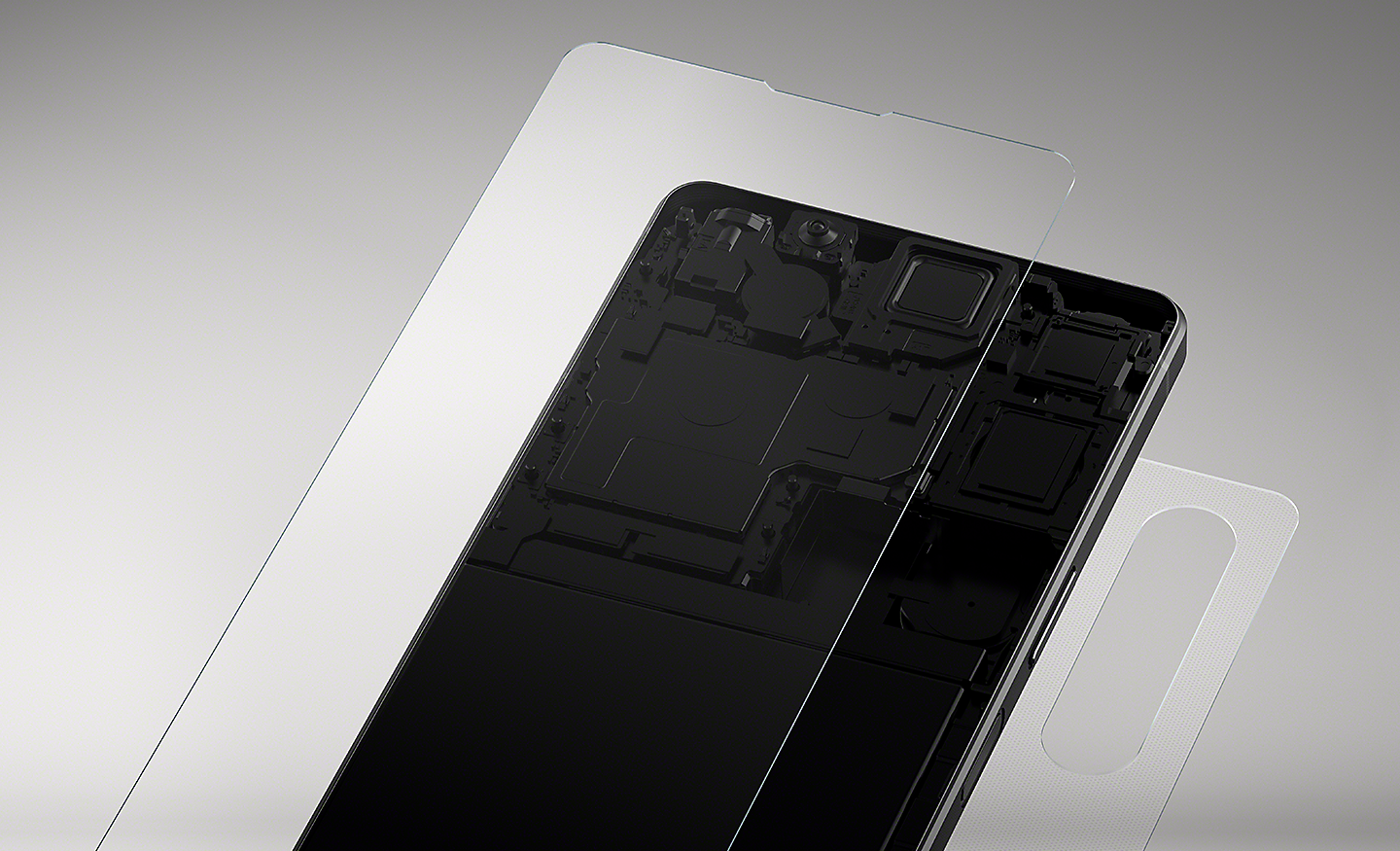Rozšírený pohľad, zobrazuje vrstvy tvrdeného skla na prednej a zadnej časti smartfónu Xperia 1 V