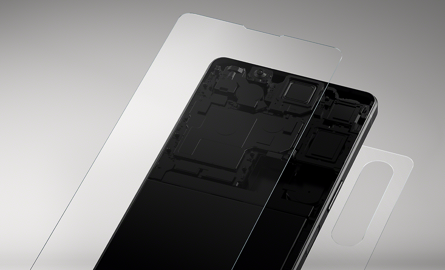 分解圖顯示 Xperia 1 V 正面和背面的強化玻璃片