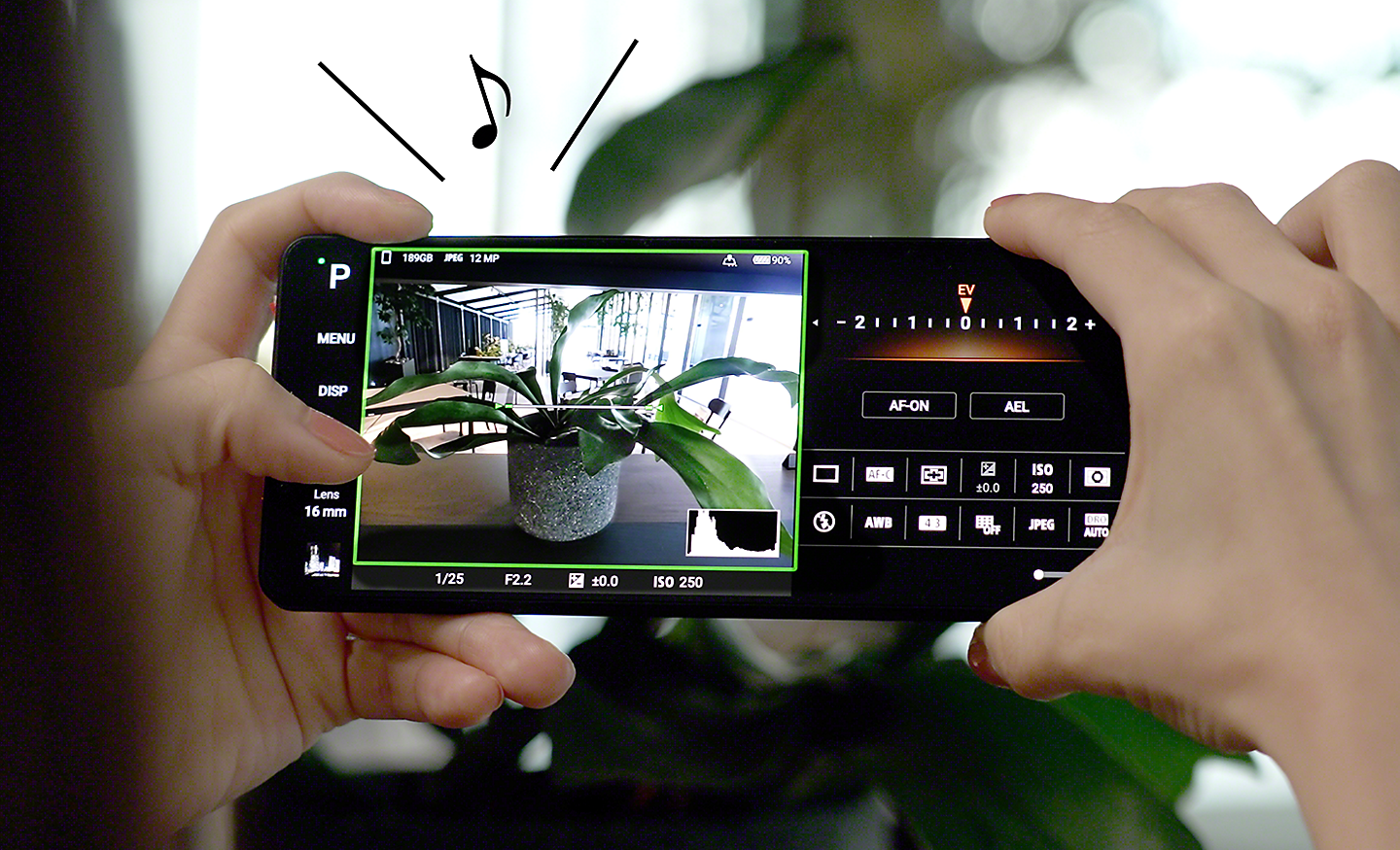 影像裡某人在 Xperia 1 V 排列相片：音符代表相機不平時播放的音效